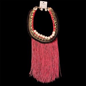 Nena Burgundy red statement necklace with fringe and pearl accents